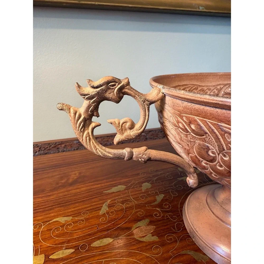 Vintage Copper-Tone Pedestal‎ Bowl with Dragon Handles